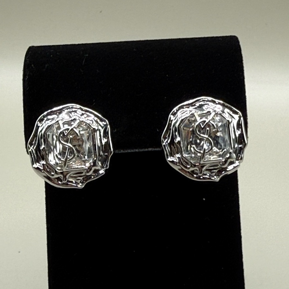 circular Silver tone crystal  Y S L lettering Stud Earrings stainless steel NEW